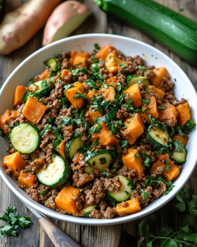 Poêlée de boeuf haché, courgette et patate douce