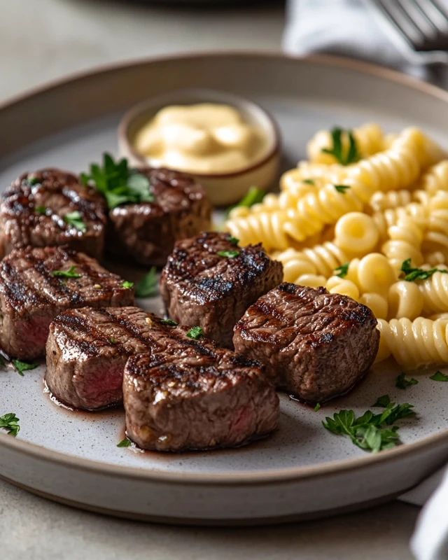 Bouchées de steak au beurre à l'ail et macaroni crémeux.