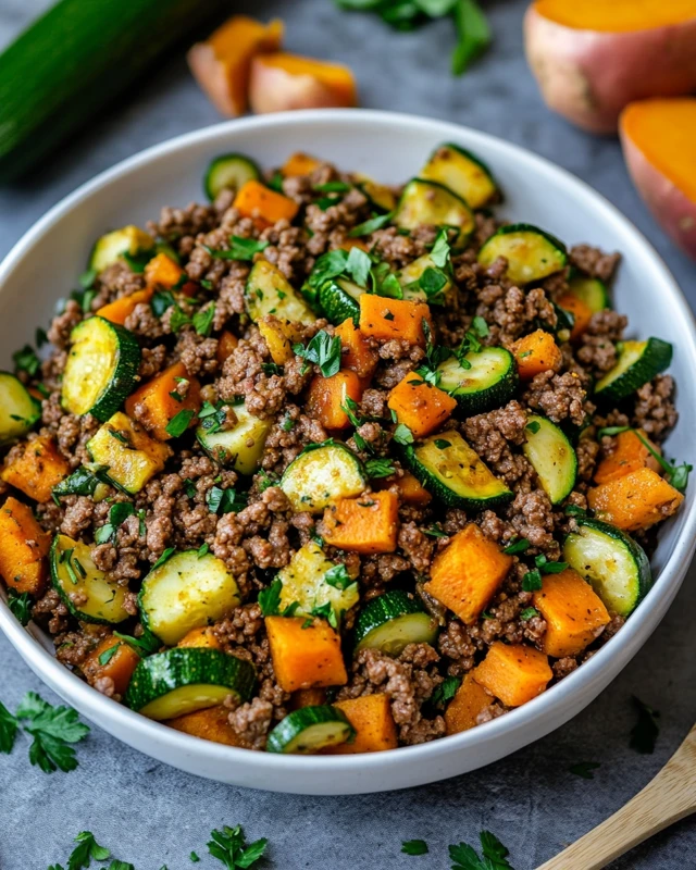 Poêlée de boeuf haché, courgette et patate douce