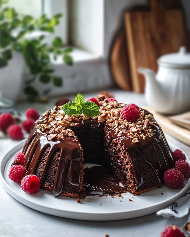 Cake fondant au chocolat praliné displayed on a stylish white plate, drizzled with rich chocolate sauce and sprinkled with crushed praline, surrounded by fresh raspberries and mint leaves for a pop of color. The background features a soft-focus kitchen setting with natural light pouring in, highlighting the glossy texture of the cake, creating an inviting and mouthwatering scene. The cake is sliced to reveal its gooey interior, emphasizing its moistness and decadence, perfect for a cozy gathering or an indulgent treat. Vertical orientation, no rustic elements.