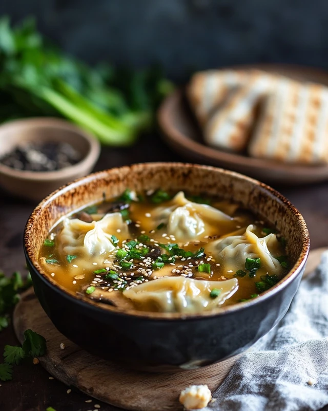 Soupe aux potstickers avec champignons et bok choy