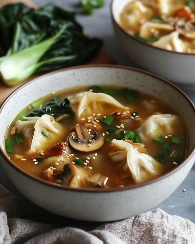 Soupe aux potstickers avec champignons et bok choy