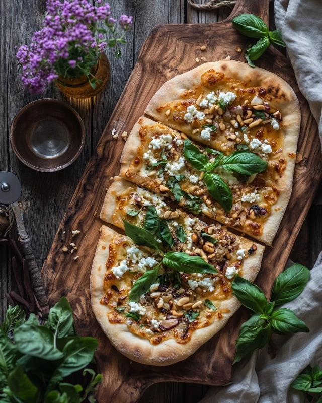 pizza naan aux myrtilles, feta et oignons caramélisés au miel