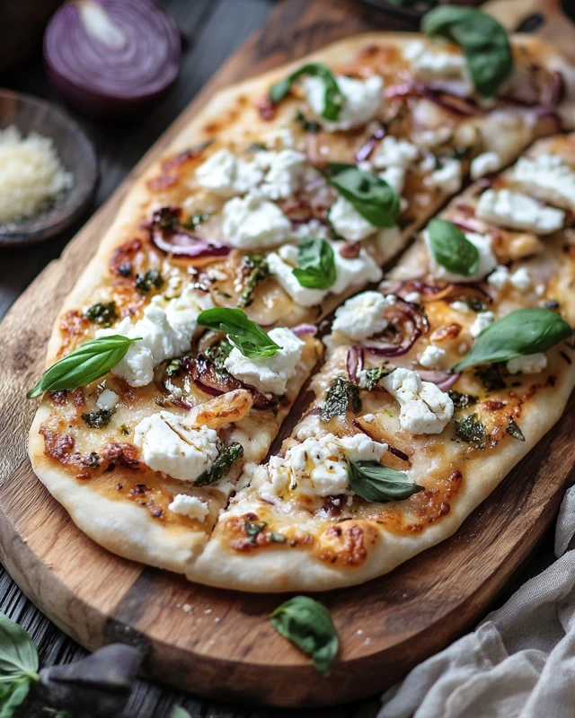 pizza naan aux myrtilles, feta et oignons caramélisés au miel