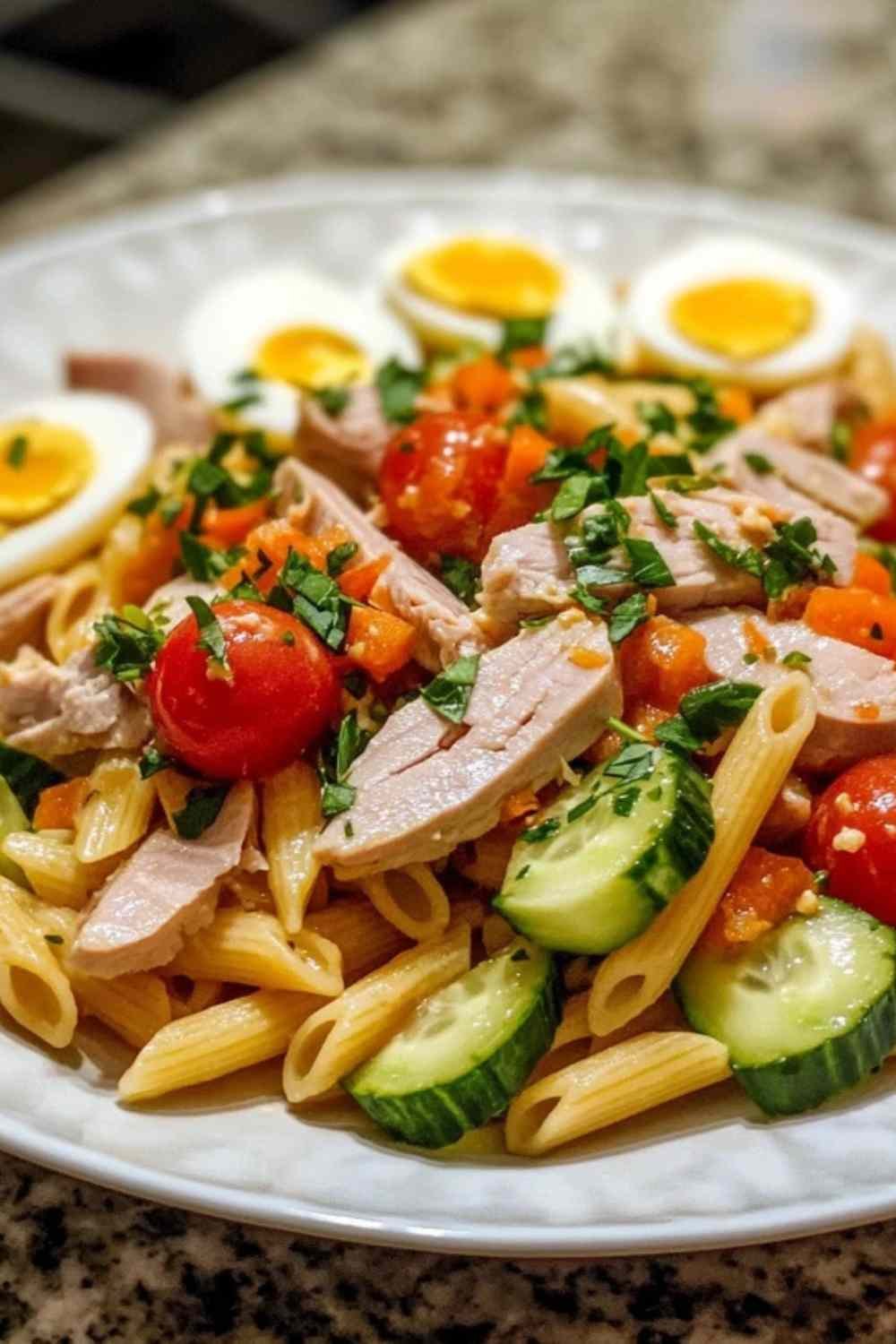 Plat complet pâtes thon œufs été