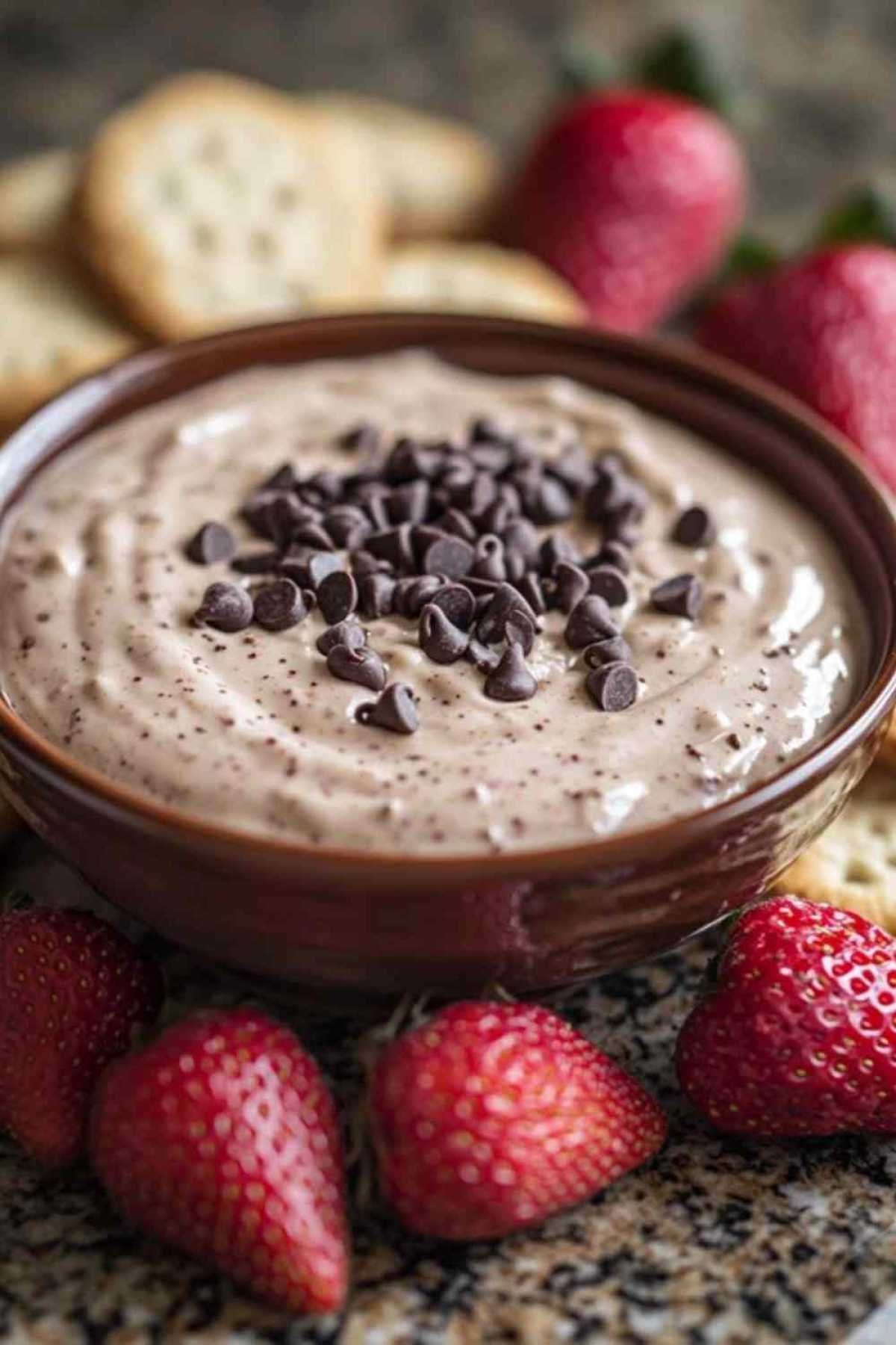 Dip de pâte à biscuit aux chocolats servi avec biscuits et fraises
