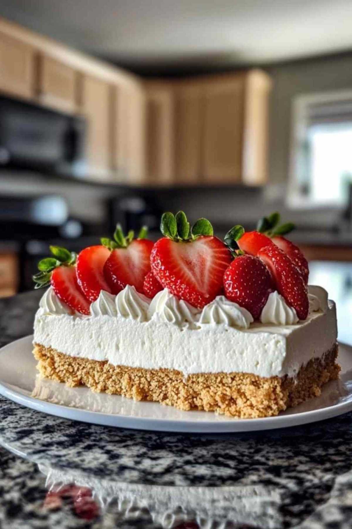 Part de gâteau au fromage aux fraises montrant les différentes couches