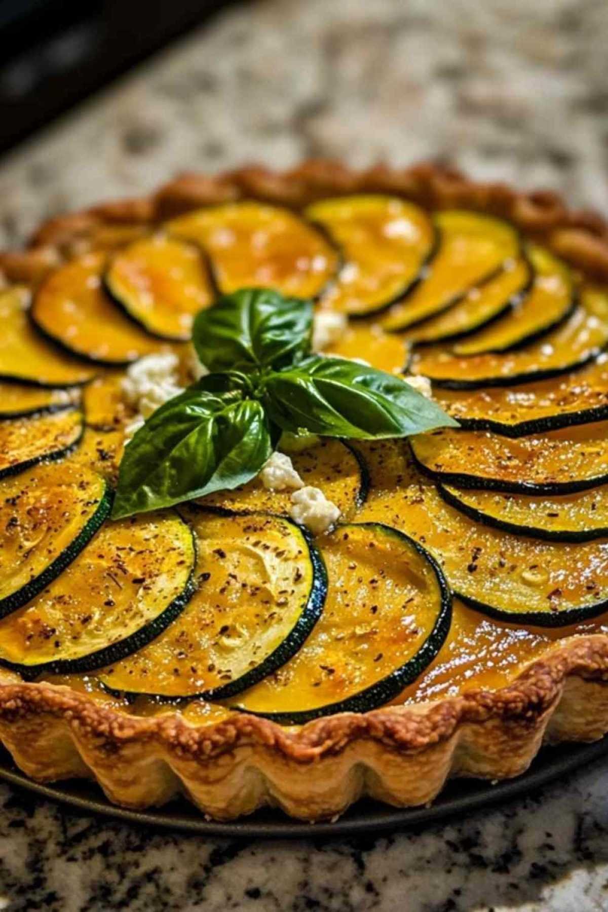 Tarte courgette fêta dorée sortant du four