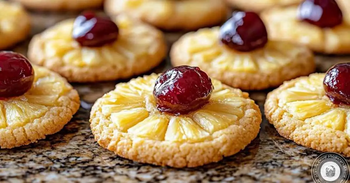 Cookies à l’ananas renversés avec cerises maraschino sur une grille de refroidissement