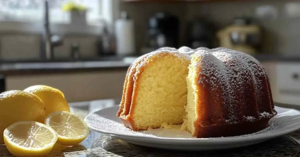 Tranche de gâteau au citron moelleux sur une assiette blanche
