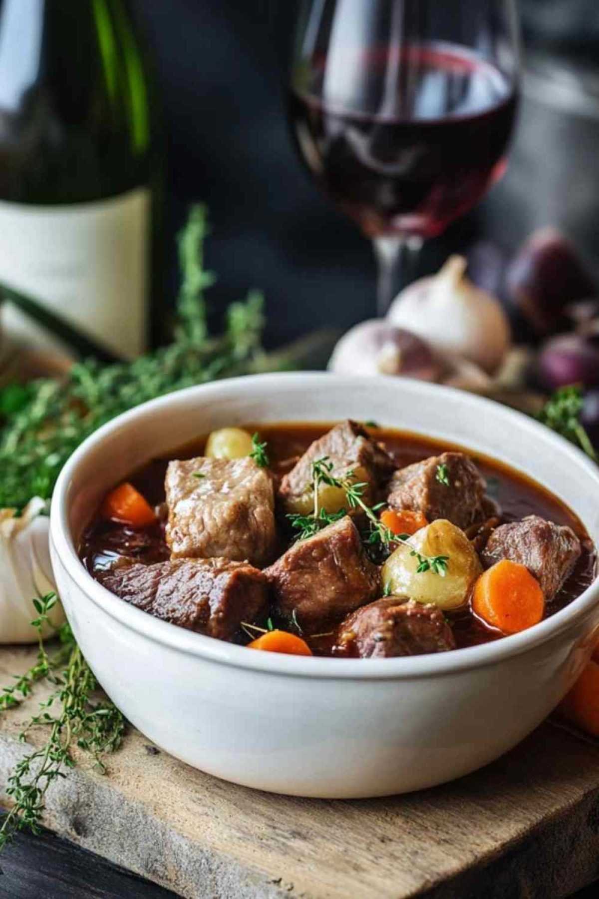 Assiette de ragoût de bœuf fumant servi avec du pain frais