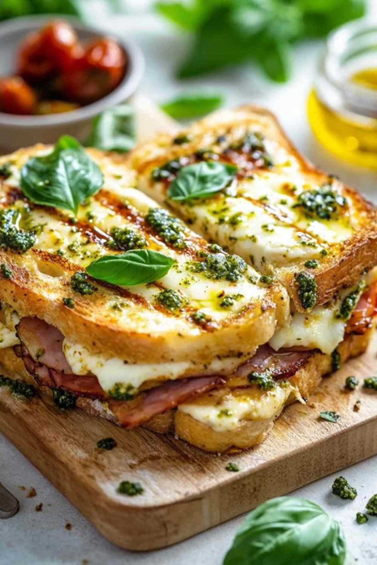 Ingrédients pour croque-monsieur méditerranéen disposés sur un plan de travail
