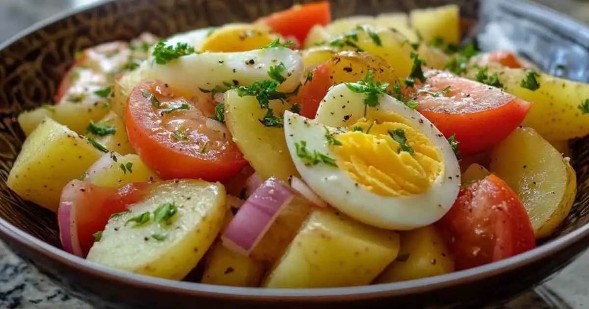 Salade de pommes de terre aux œufs dans un saladier