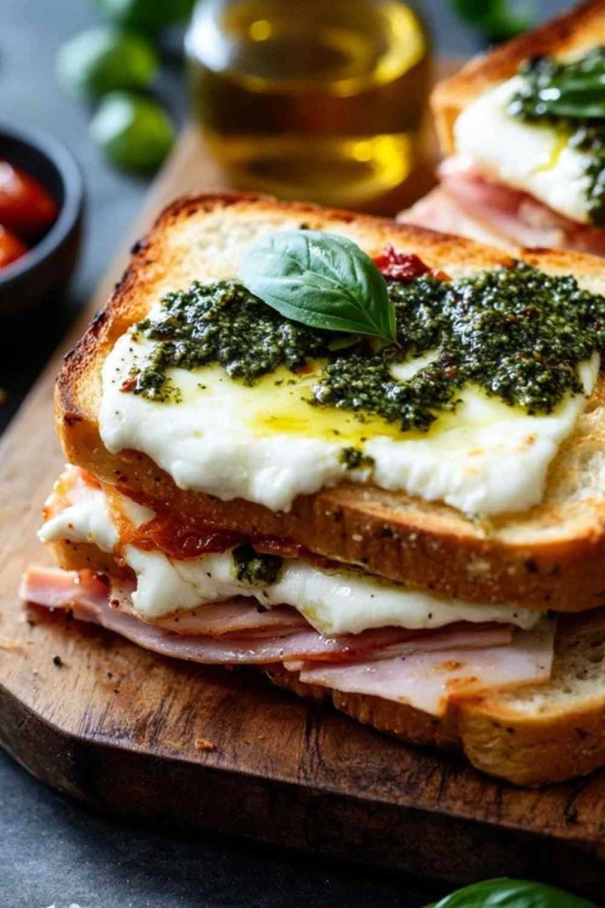 Croque-monsieur méditerranéen coupé en triangles révélant sa garniture fondante