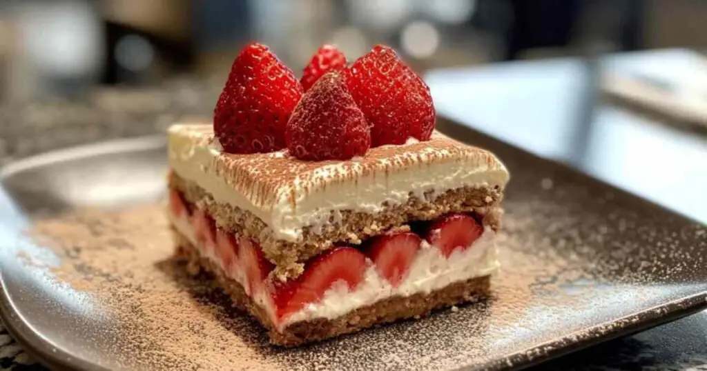 Portion individuelle de tiramisu aux fraises dans une verrine