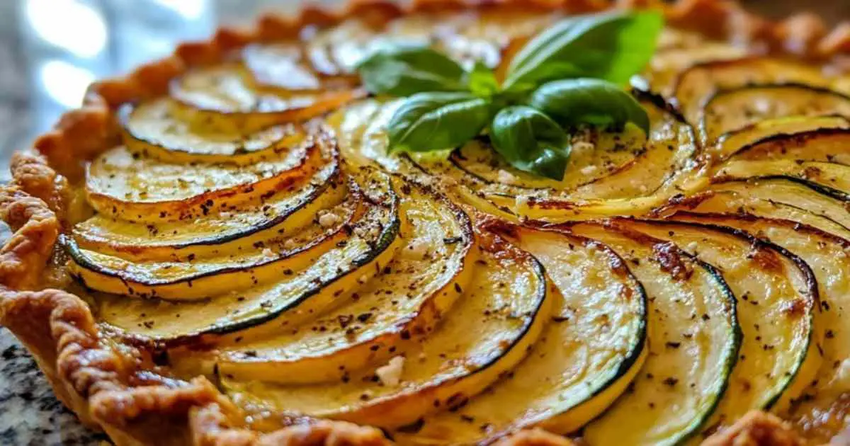 Tarte courgette fêta dorée sortant du four
