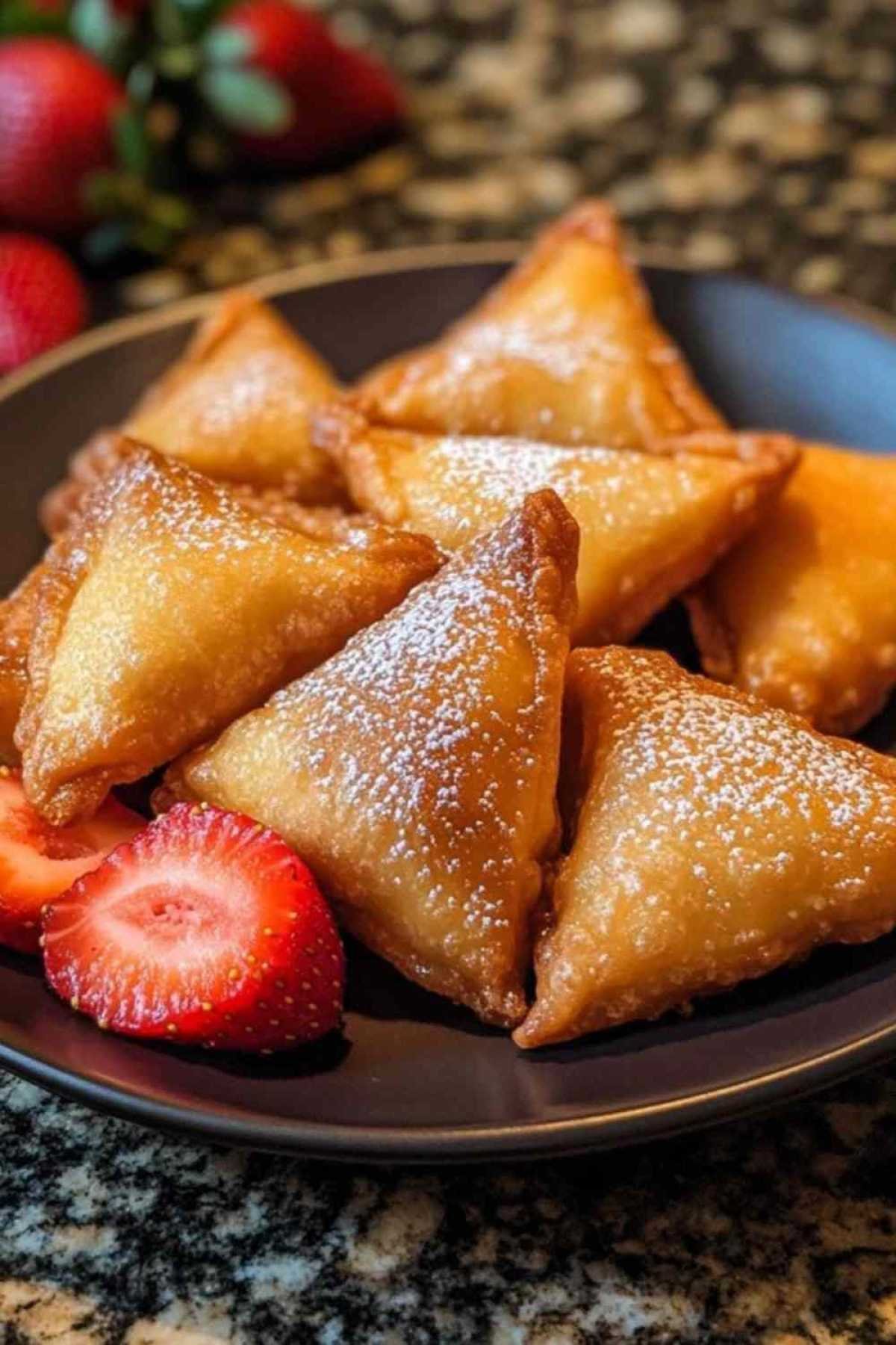Assiette de bouchées de wonton frites servies avec des fraises fraîches