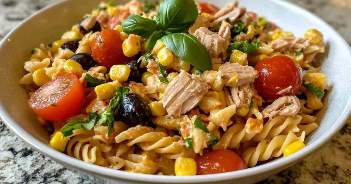 Salade de pâtes complètes au thon avec tomates fraîches et olives noires