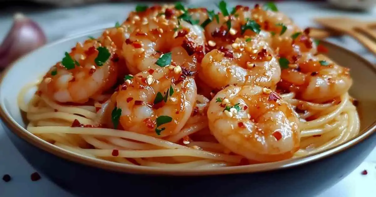 Spaghetti aux crevettes et à l’ail dans une assiette blanche