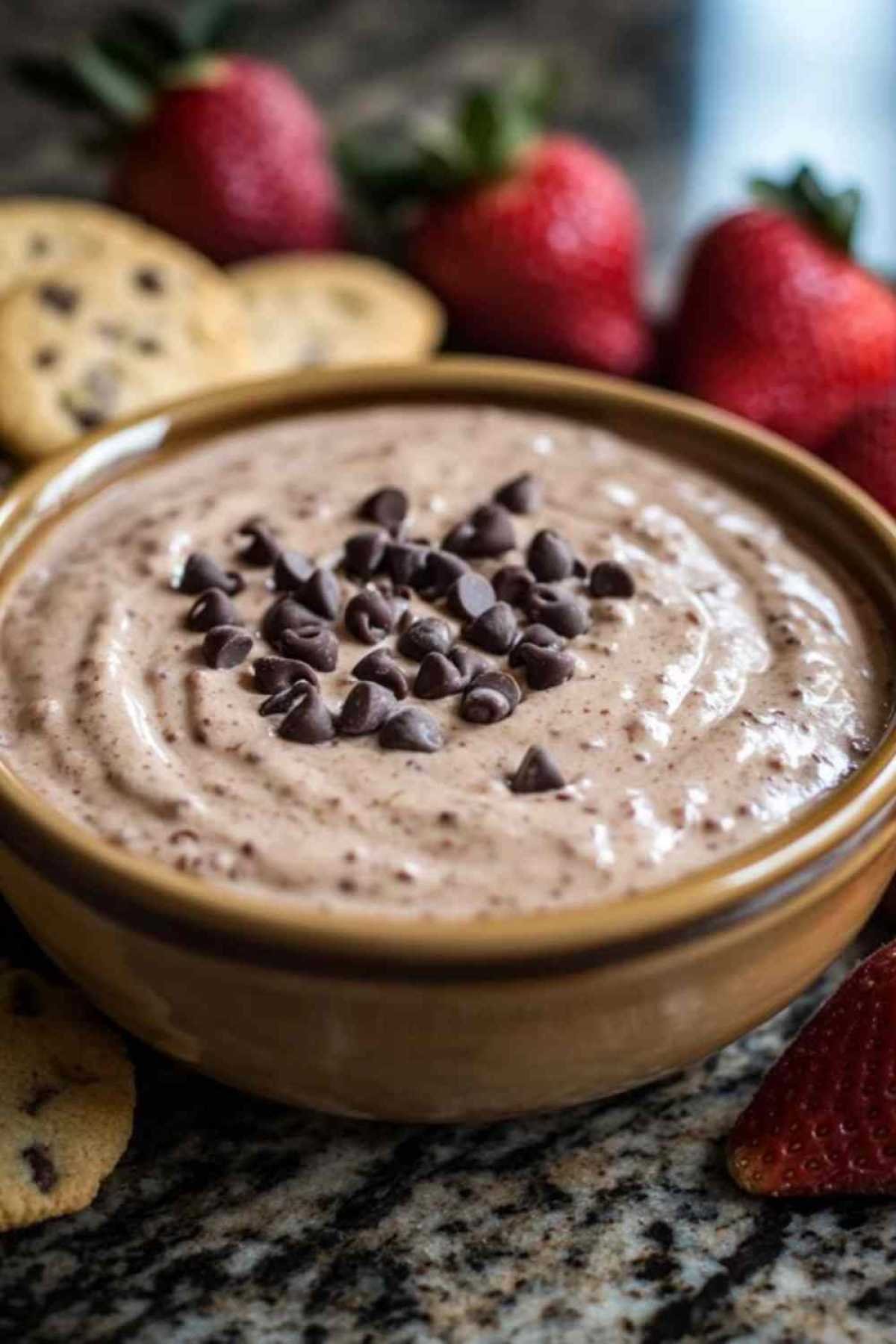 Biscuit graham plongé dans le dip de pâte à biscuit aux chocolats
