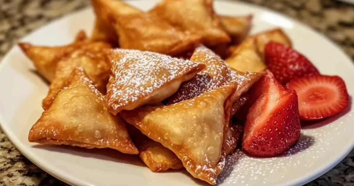 Bouchées de wonton frites au cheesecake aux fraises saupoudrées de sucre glace