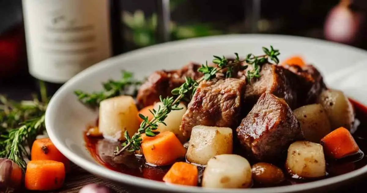 Ragoût de bœuf copieux mijoté avec légumes dans une cocotte en fonte
