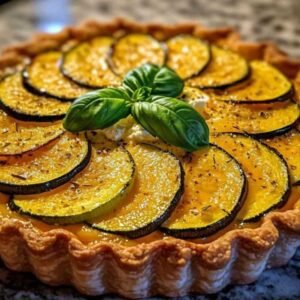 Part de tarte courgette fêta servie dans une assiette