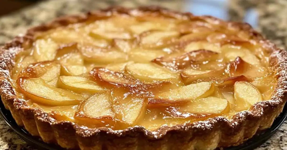 Part de tarte aux pommes sans pâte servie avec une boule de glace vanille
