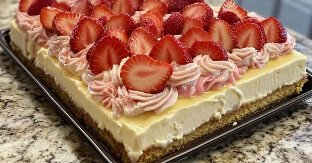 Gâteau éclair aux fraises avec glaçage rose et tranches de fraises