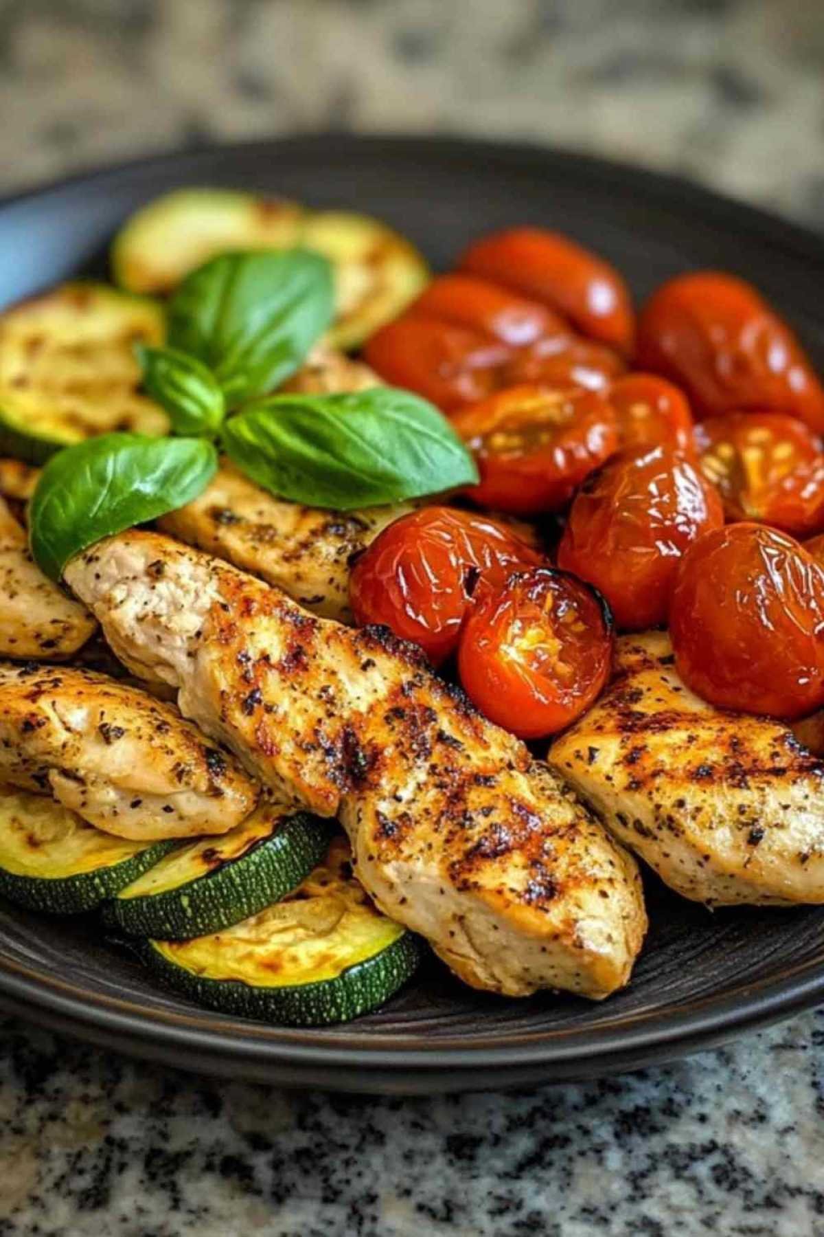Émincé de poulet aux courgettes et tomates cerises dans une poêle