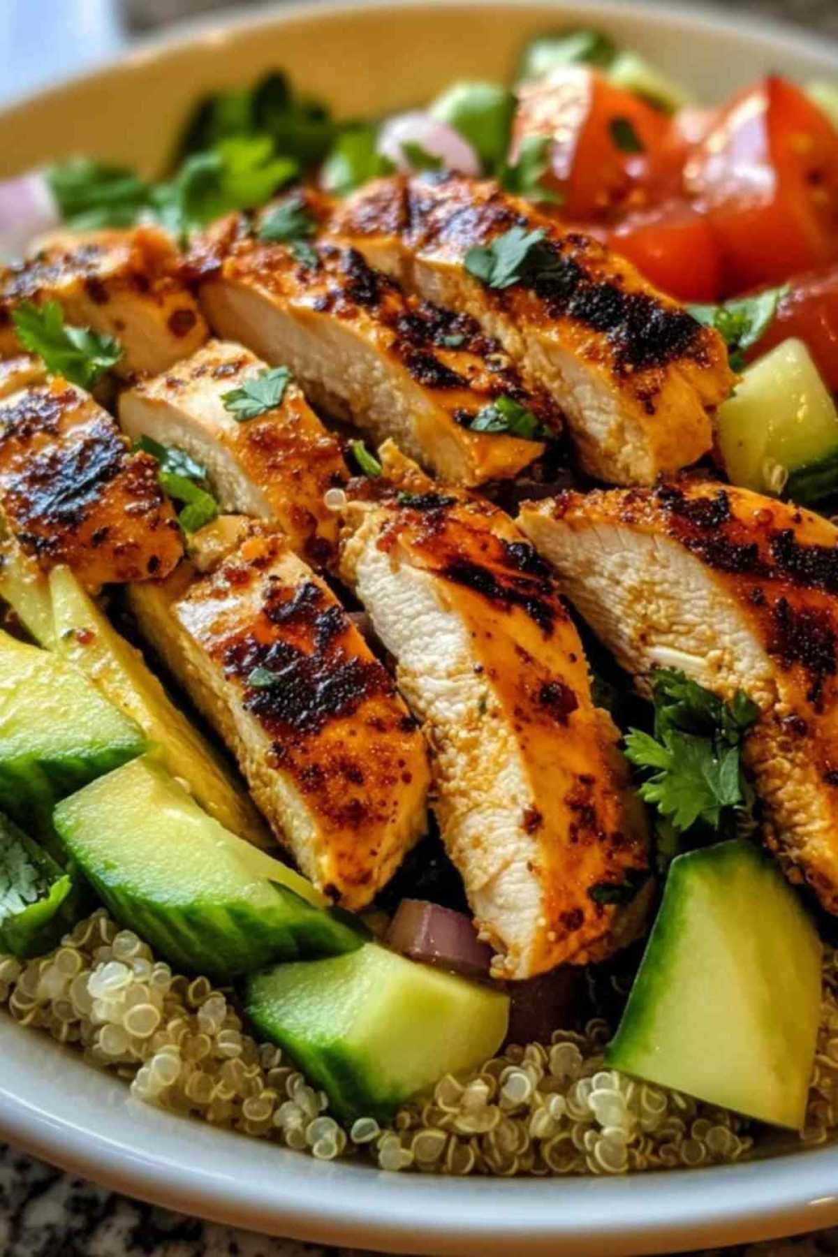 Salade quinoa poulet servie avec du pain pita