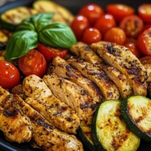 Émincé de poulet aux courgettes et tomates cerises 8 Assiette d’émincé de poulet aux courgettes et tomates cerises garni de basilic