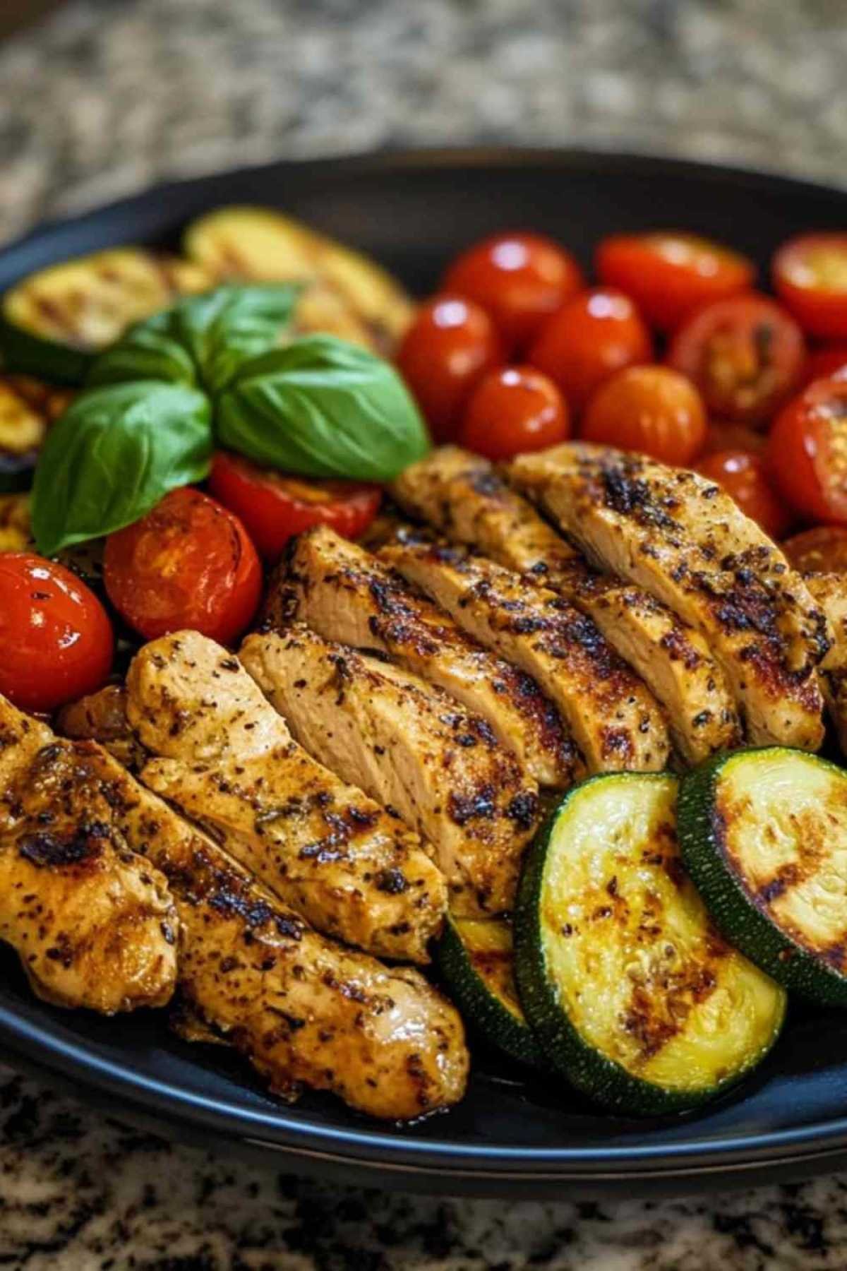 Assiette d’émincé de poulet aux courgettes et tomates cerises garni de basilic