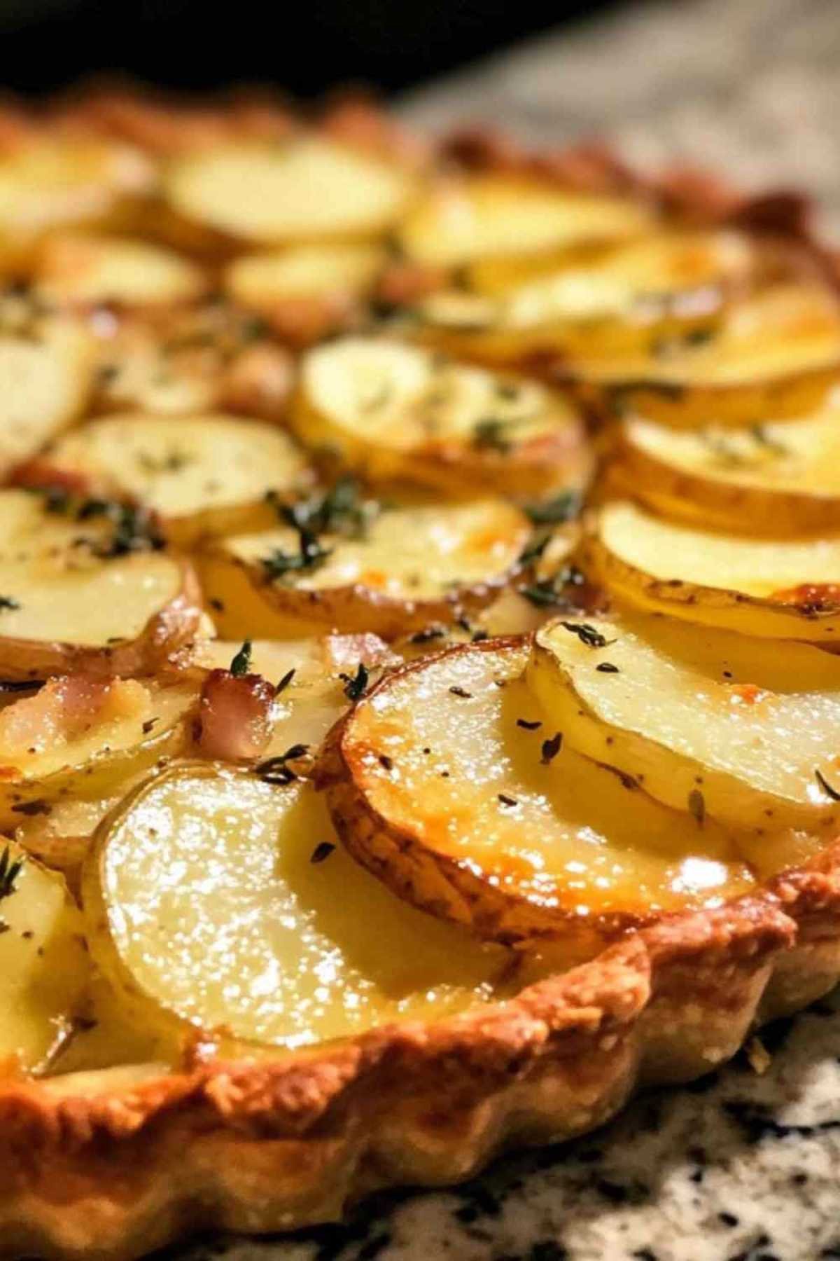 Tarte aux pommes de terre, camembert et lardons 1 Tarte aux pommes de terre, camembert et lardons dorée sortant du four