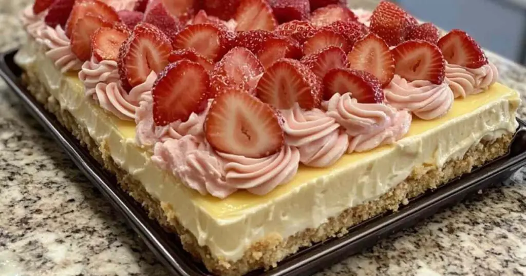 Gâteau éclair aux fraises avec glaçage rose et tranches de fraises