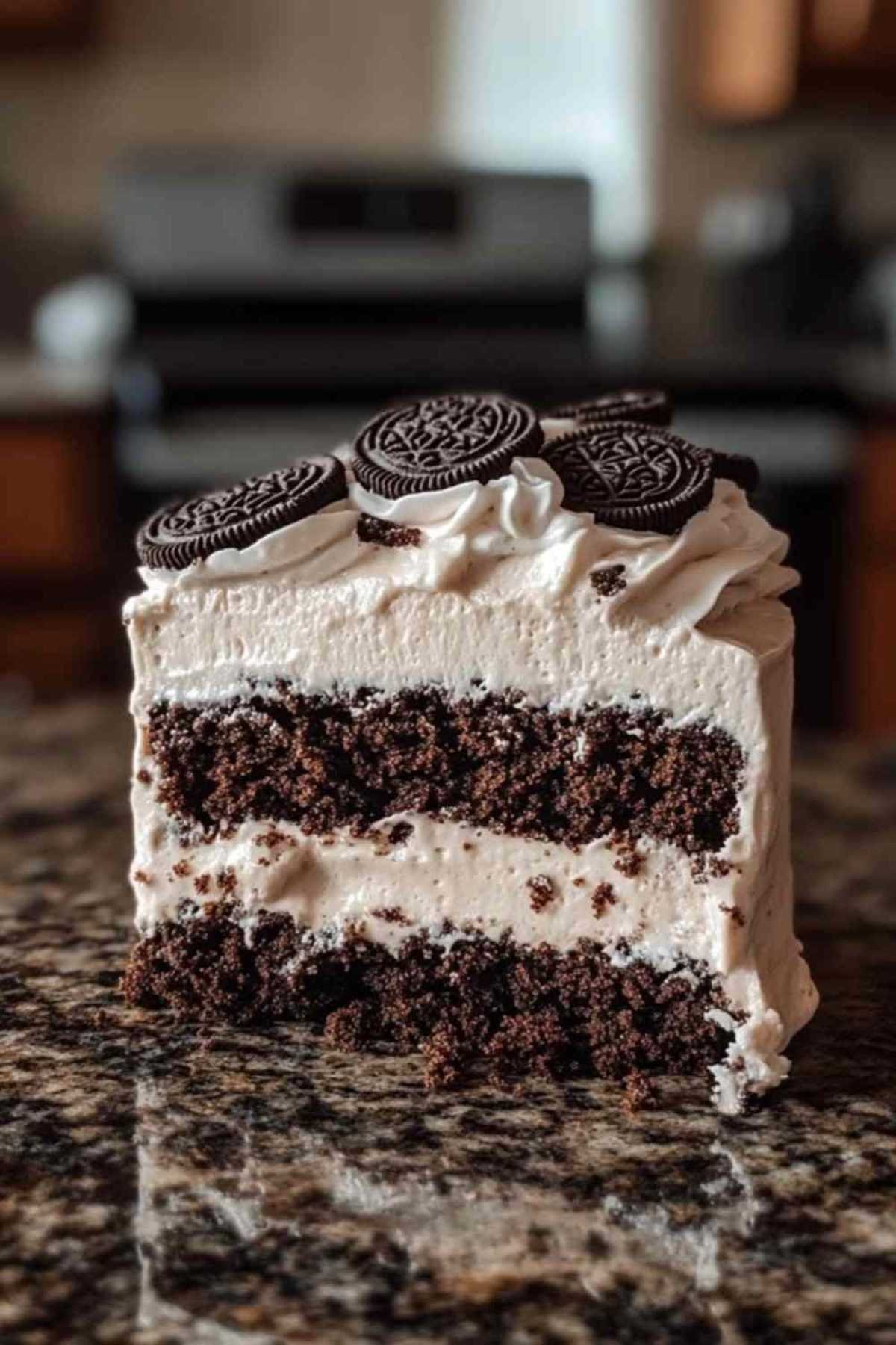 Gâteau poke Oreo servi avec crème glacée vanille