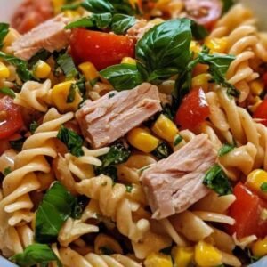Salade de Pâtes Complètes au Thon 8 Ingrédients pour salade de pâtes complètes au thon disposés sur plan de travail