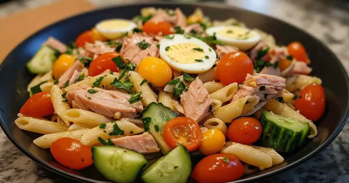 Plat complet pâtes thon œufs été