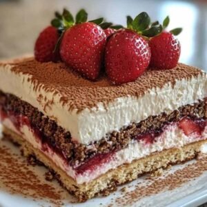 Tiramisu aux fraises et speculoos dans un plat à dessert