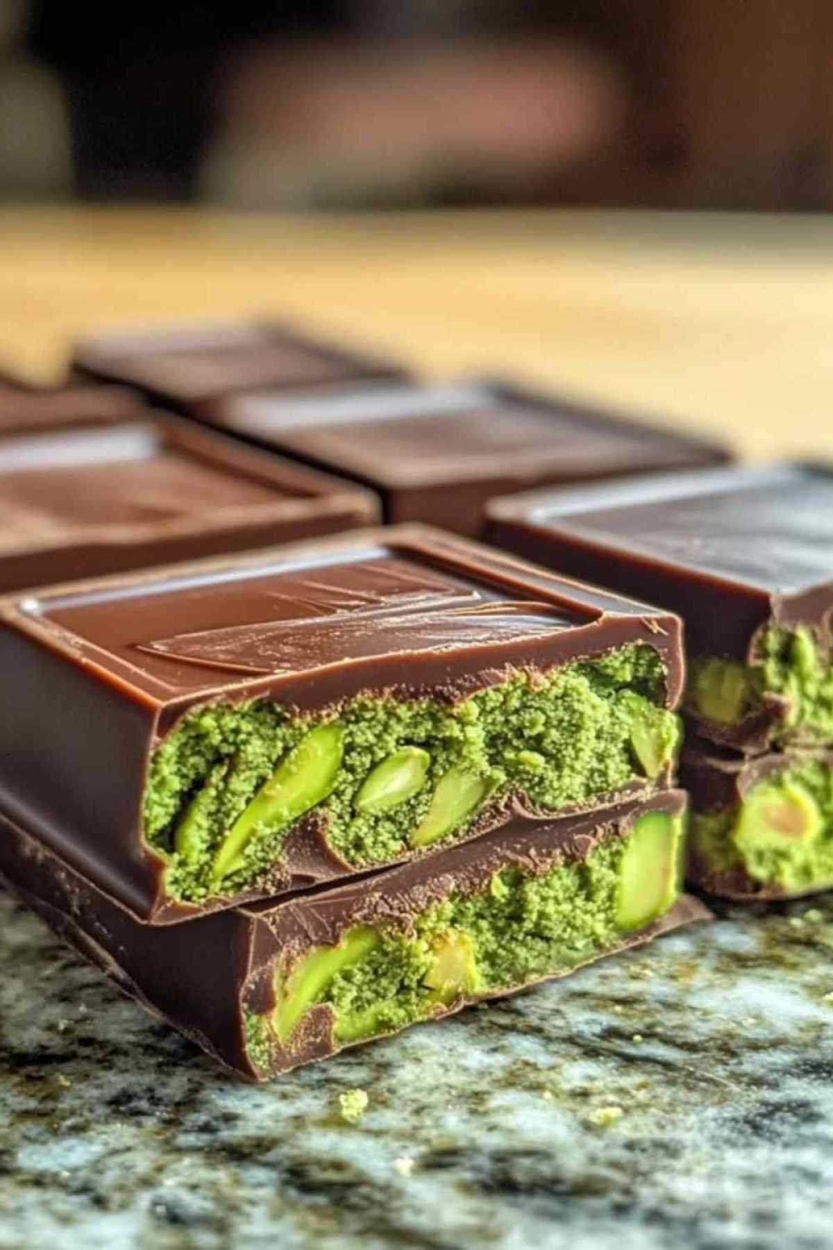 Chocolat Dubaï : Douceur Pistachée Facile à Réaliser 1 Carrés de chocolat Dubaï à la pistache sur une assiette de service