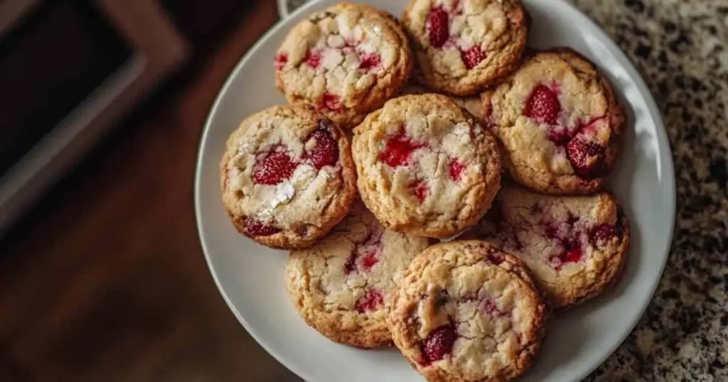 Cookies aux fraises en quatre versions différentes disposés sur une assiette