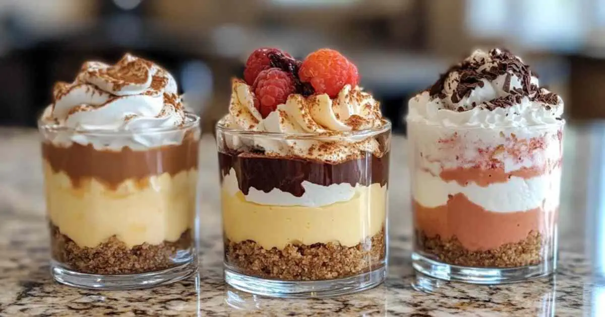 Trio de desserts en pot : glace vanille, cheesecake et trifle chocolat