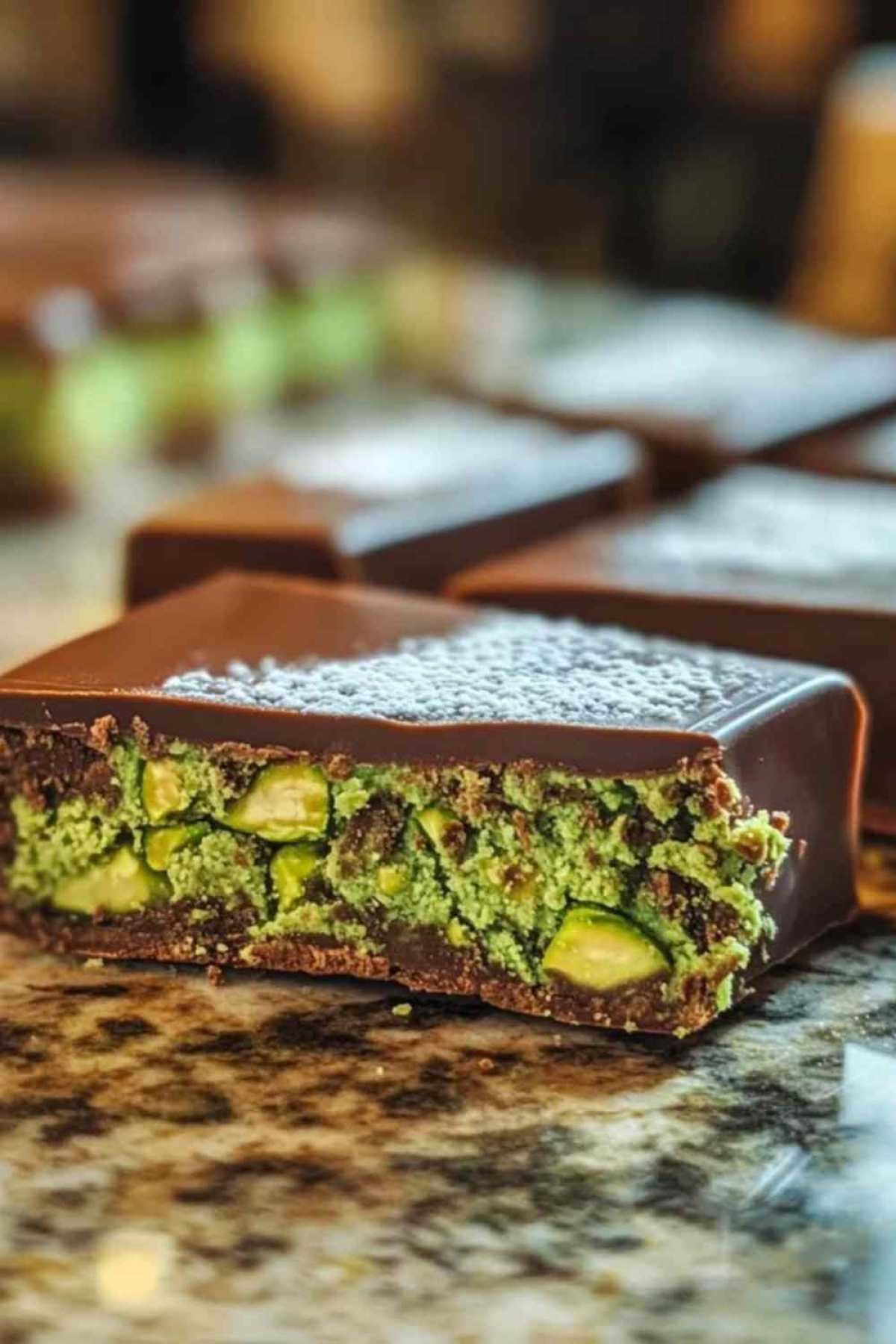 Chocolat Dubaï : Douceur Pistachée Facile à Réaliser 3 Carrés de chocolat Dubaï à la pistache sur une assiette de service