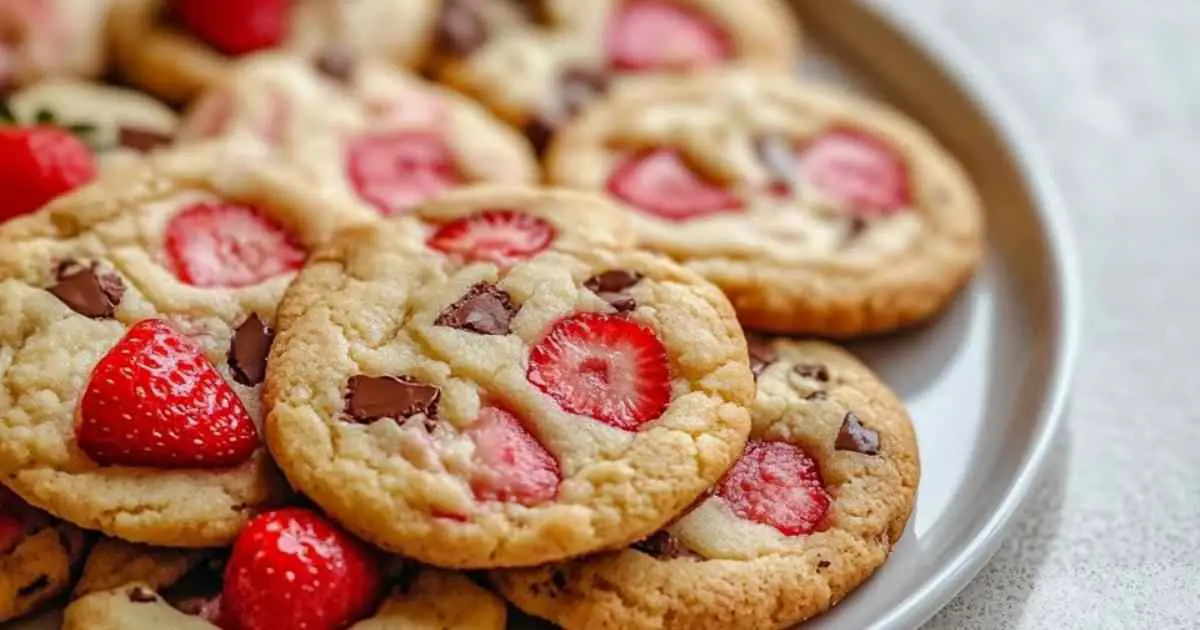 Cookies aux fraises en quatre versions différentes disposés sur une assiette