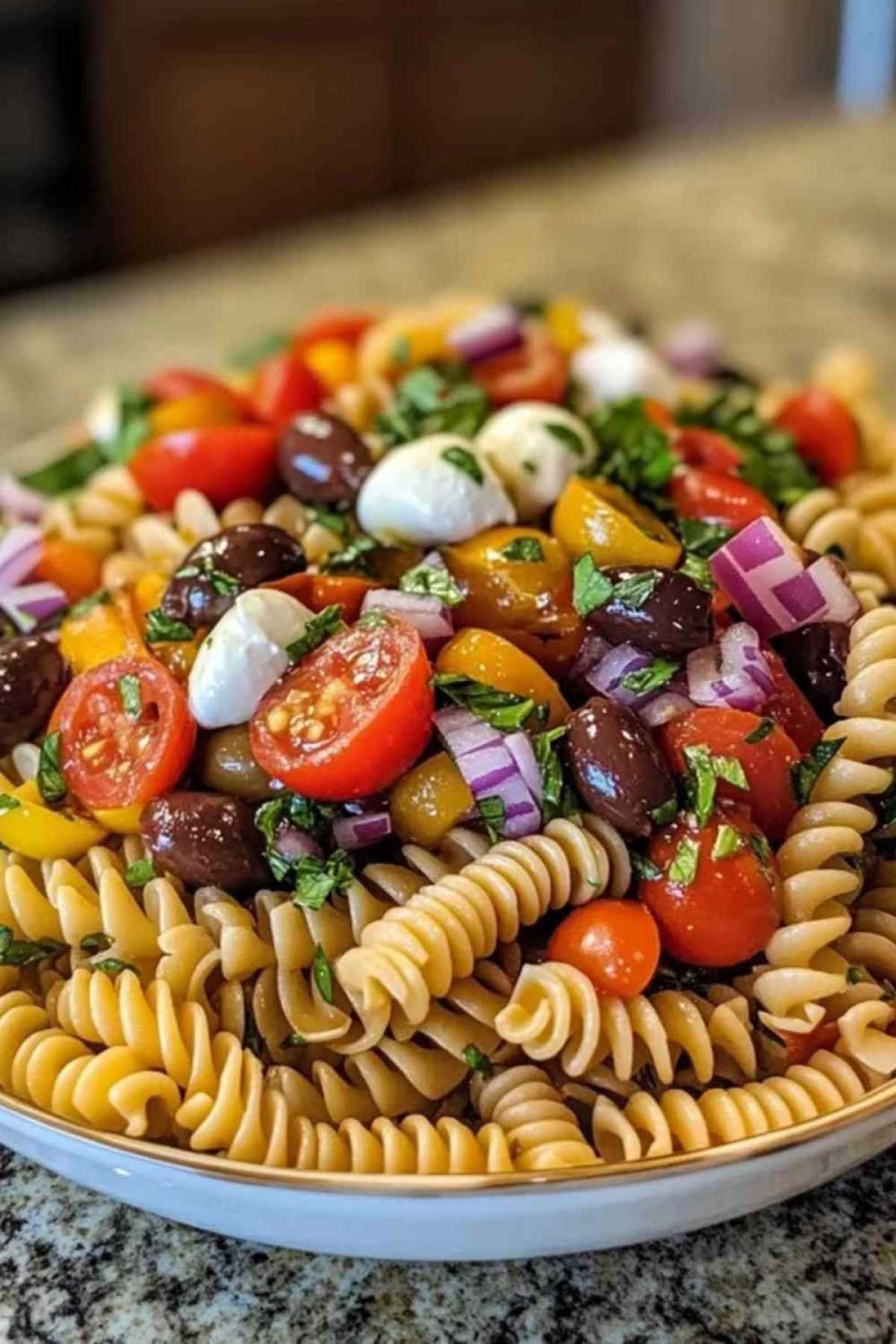 Salade de pâtes italienne colorée avec mozzarella et tomates cerises