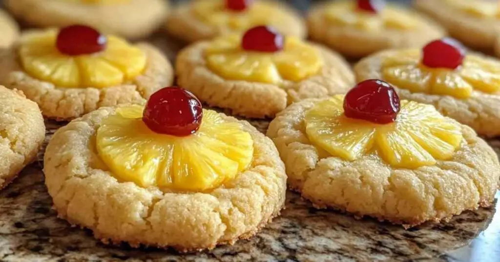 Cookies à l’ananas renversés avec cerises maraschino sur une grille de refroidissement