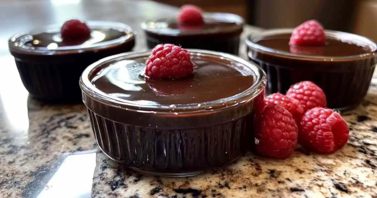 Panna cotta au chocolat fondant servie dans une assiette avec coulis de framboises