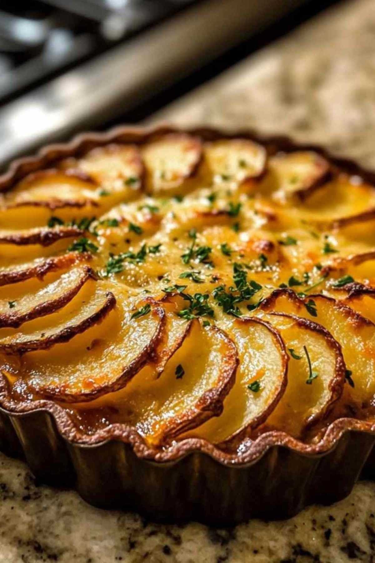 Couronne croustillante de pommes de terre dorée sortant du four