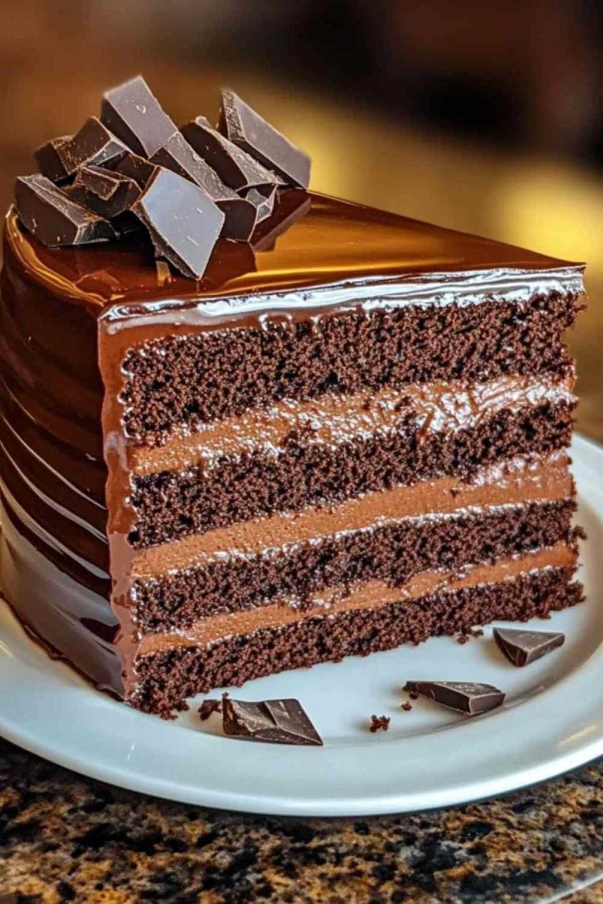 Tranche de gâteau au yaourt chocolaté montrant sa texture moelleuse