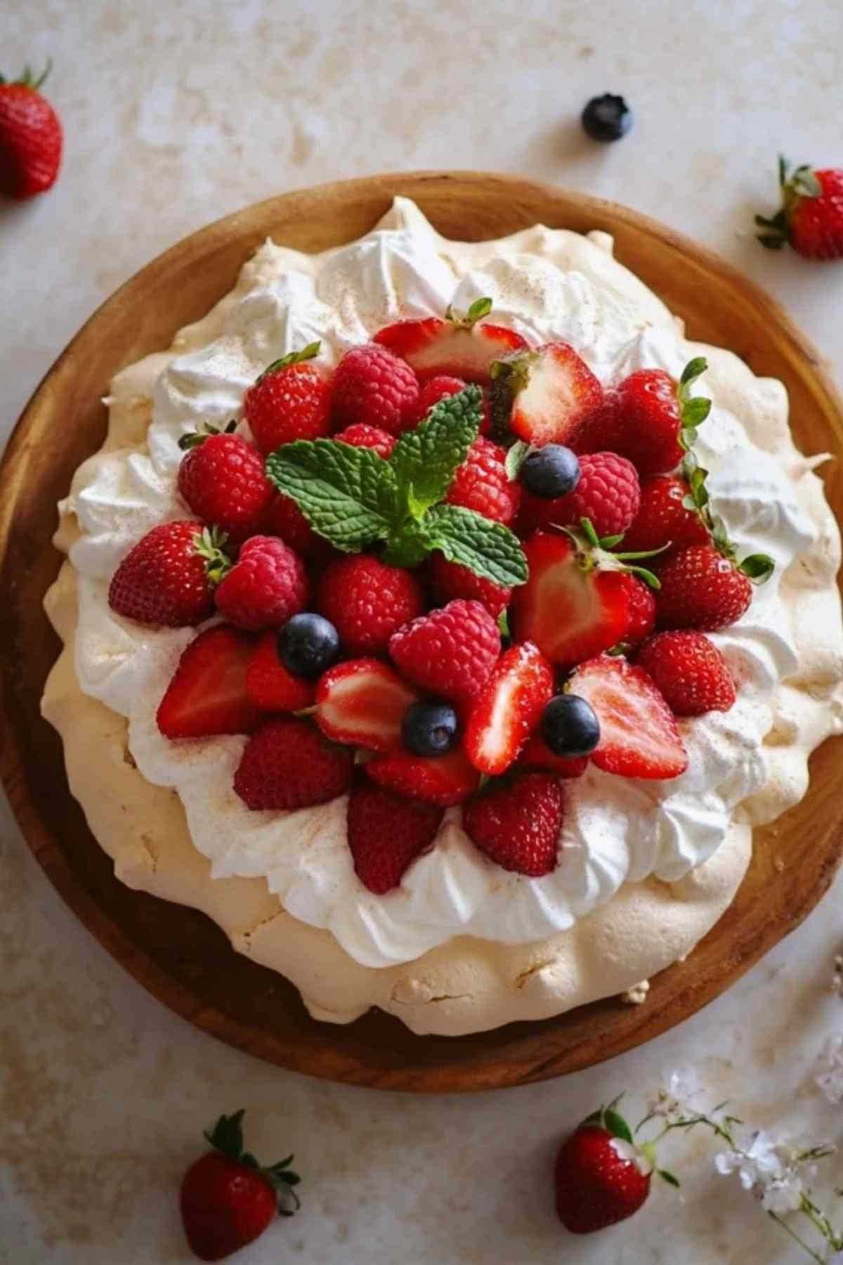 Pavlova aux fruits rouges garnie de fraises, framboises et myrtilles fraîches